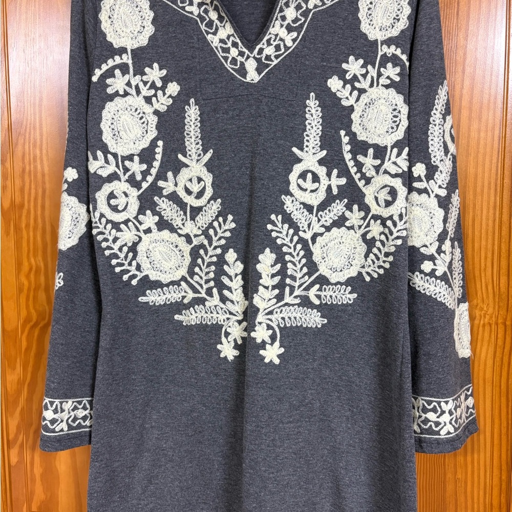 Gray Hoodie with White Floral Embroidery